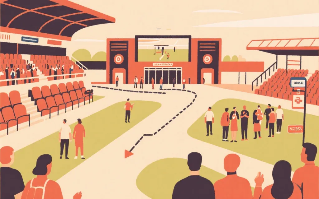 世界杯揭幕战比赛日动线规划示意：地铁口、安检入口、看台与赛后集合点