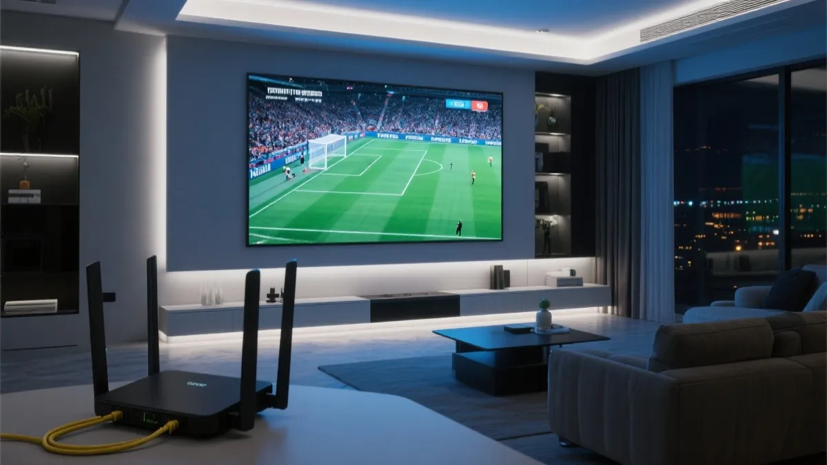 客厅大屏观看足球直播，路由器与网线连接的简洁场景，占位图