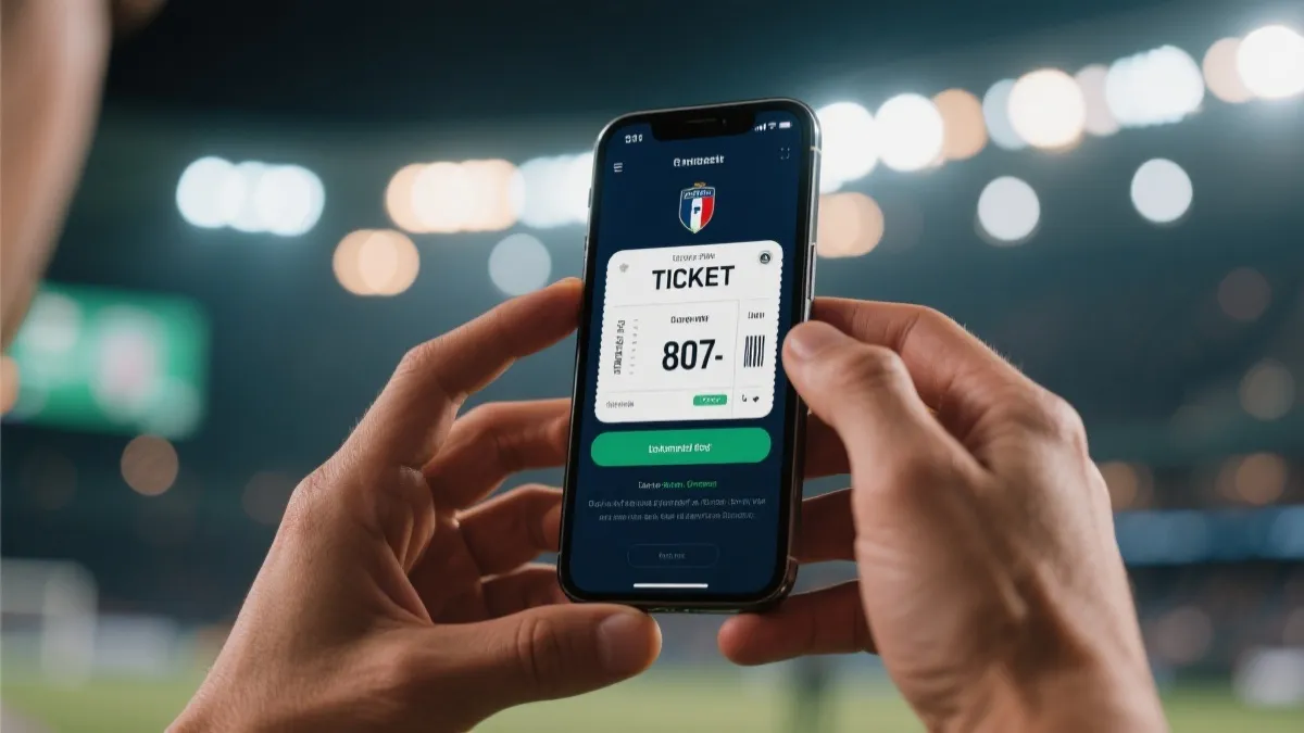 球迷在手机上查看电子票与入场信息，体现安全购票与入场准备